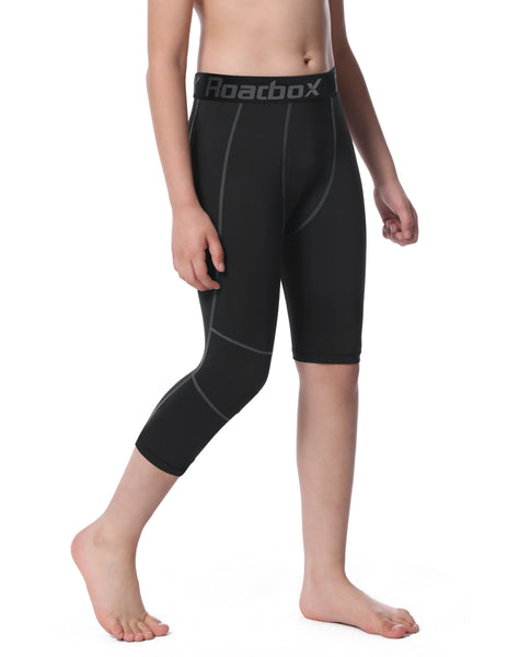 Roadbox Boys One Leg 3/4 Compression Pants 2 Pack - Basketball Tights for Gym Athletic Base Layer Leggings